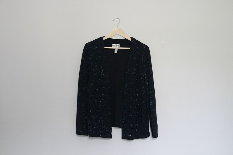 90s 80s 70s Glitter Cardigan Party Top Christmas Top Navy Cardigan Disco VINTAGE DAL Christmas Blue Sparkle Cardigan : Blazer