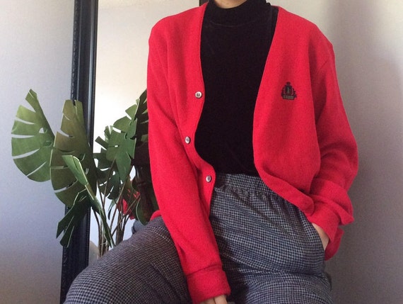 red oversized cardigan