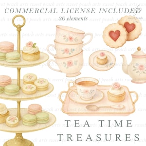 Puede incluir: Ilustración en acuarela de elementos de fiesta de té. Incluye un soporte para postres de varios niveles con macarons y cupcakes, tazas de té, una tetera, galletas y una bandeja. El texto "TEA TIME TREASURES" está en la parte inferior.