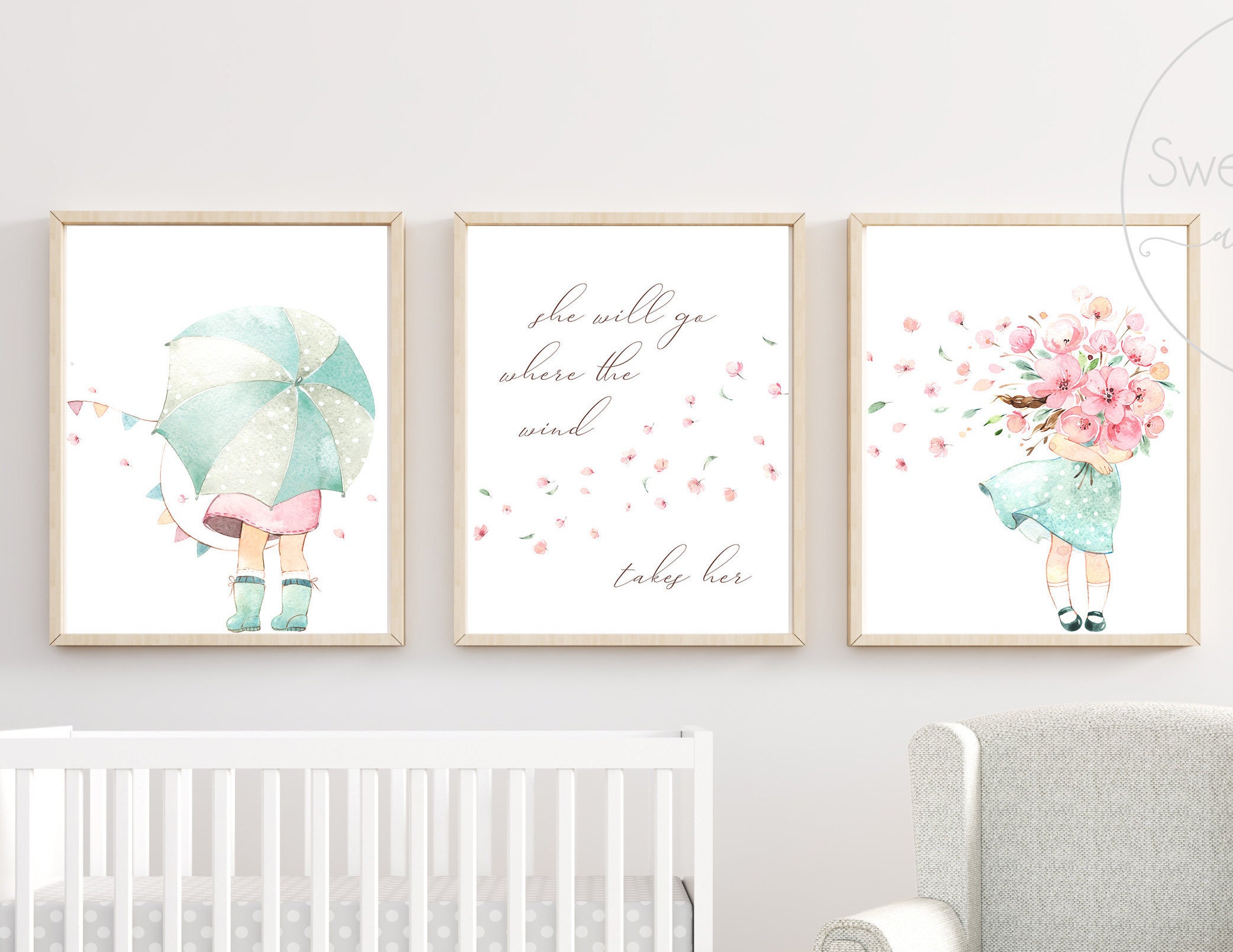 Wind Umbrella Nursery Decor Wall Art Print Set Mint Flower Floral Matching Sets Of 3 Girl She Will Go Where The Wind Takes Her Watercolor