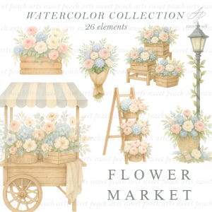 Bloemenmarkt clipart winkelwagen winkel bloemen boeket krans afbeelding mand standaard bloesem digitale kunst png bundel schilderij COMMERCILE LICENTIE INBEGREPEN