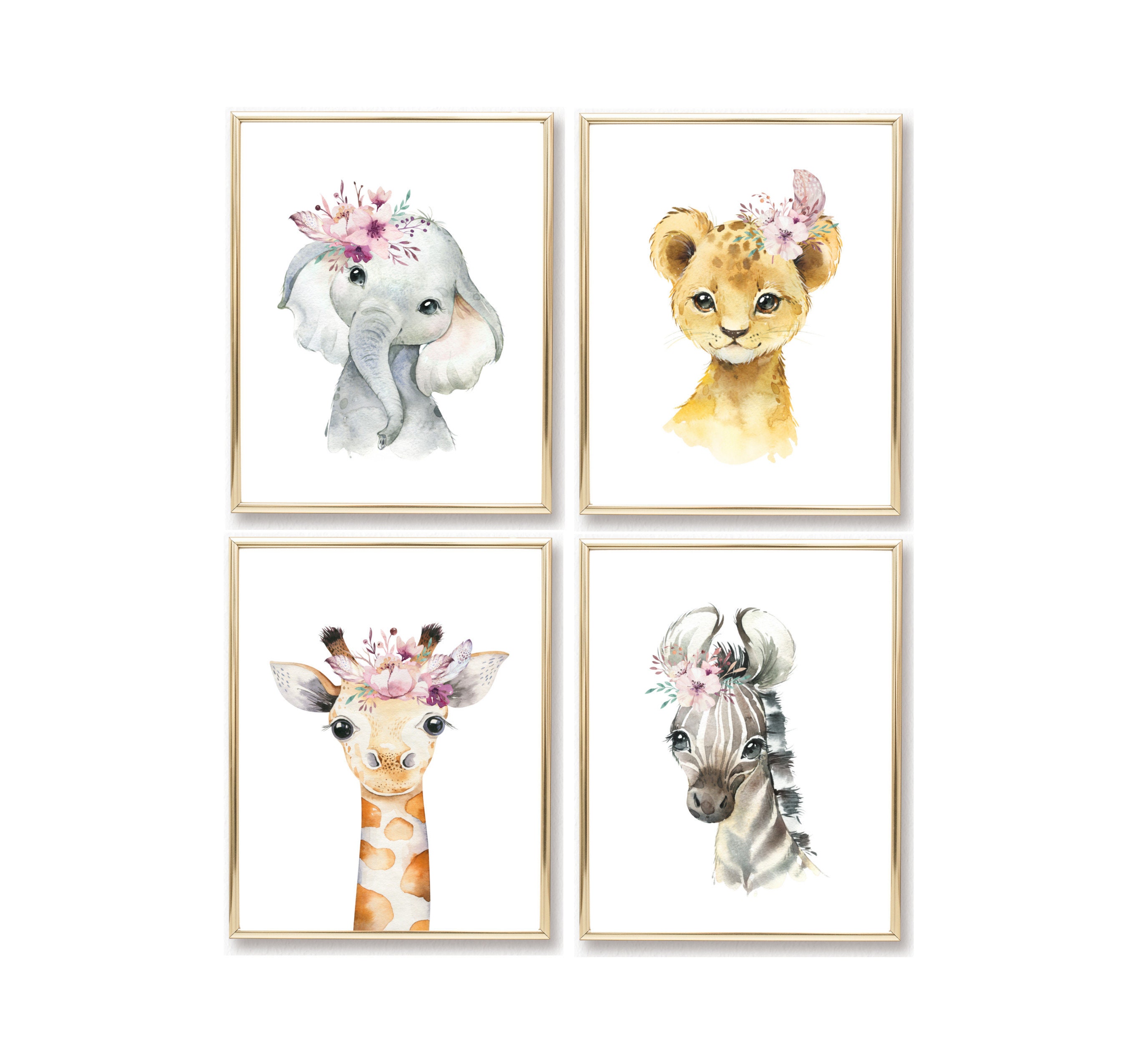 Boho Safari Set Nursery Floral Decor Zoo Animal Wall Art Etsy