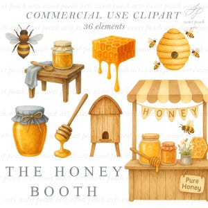 Op de afbeelding: Waterverfillustratie met honingthema. Bevat een bij, honingraat, bijenkorf, honingpotten, een honingdipper en een honingkraam met de tekst "HONEY" en "Pure Honey". De woorden "COMMERCIAL USE CLIPART" en "36 elements" zijn ook zichtbaar.