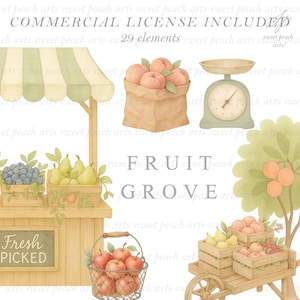 Puede incluir: Ilustración en acuarela de un puesto de frutas con diversas frutas, incluyendo melocotones, peras y manzanas. También se muestra una balanza antigua, una bolsa de papel con melocotones y un carro de frutas. El texto "FRUIT GROVE" es visible.
