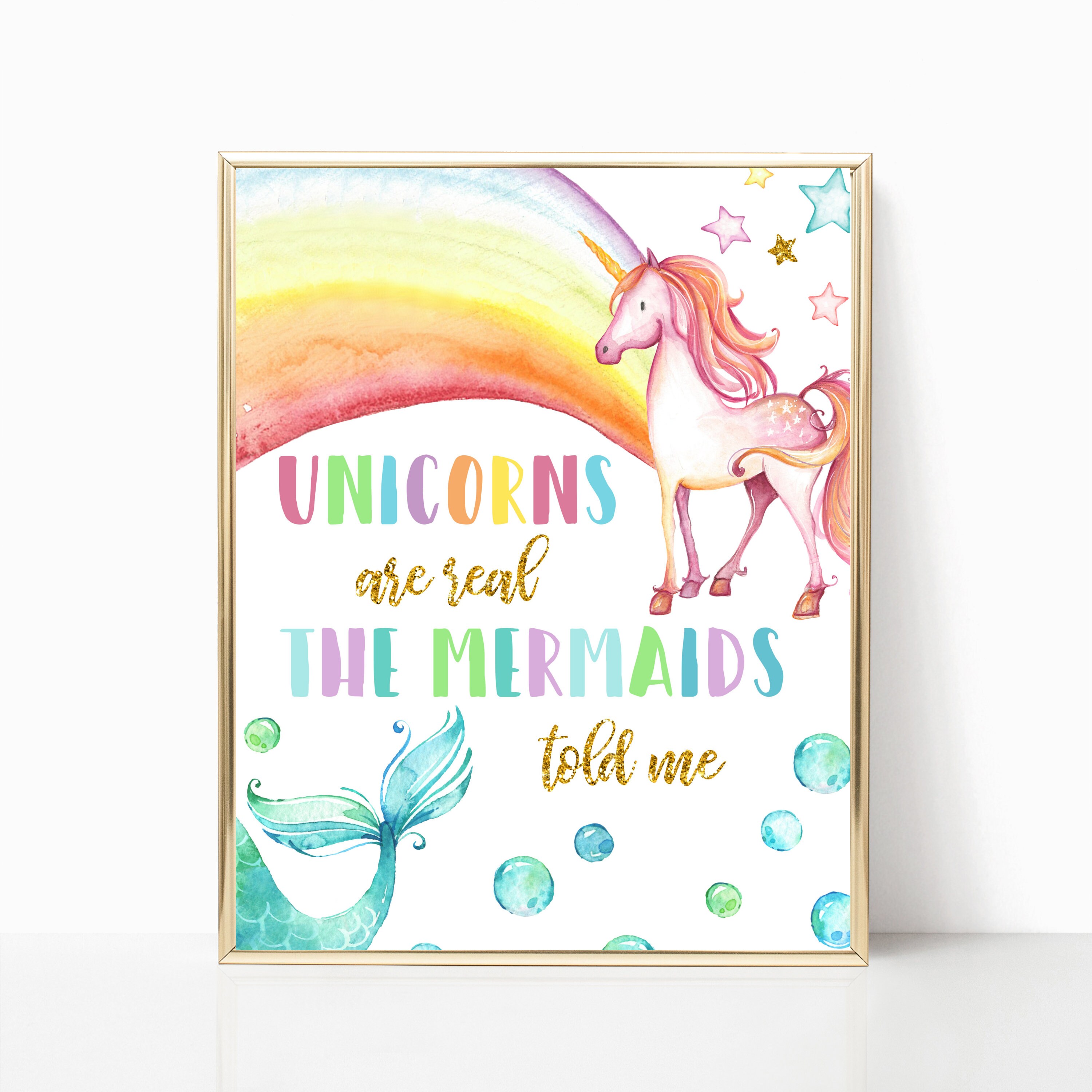 unicorn mermaid nursery decor gold rainbows girl wall art printed