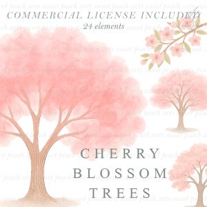 Cherry Blossom Tree Clipart Japanese Sakura Flower Floral Watercolor Digital Art png Bundle Clip art Painting COMMERCIAL LICENSE INCLUDED