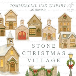 Puede incluir: Conjunto de imágenes prediseñadas de acuarela con un pueblo navideño de piedra con edificios como una panadería, librería, estación de bomberos, banco, escuela y posada. La imagen incluye el texto "COMMERCIAL USE CLIPART" y "STONE CHRISTMAS VILLAGE".