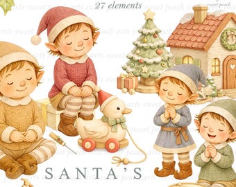 Santa's Workshop Elf Elves Christmas Village Town Toy North Watercolor Digital Art png Bundle Clip art Painting COMMERCIAL LICENSE INCLUDED