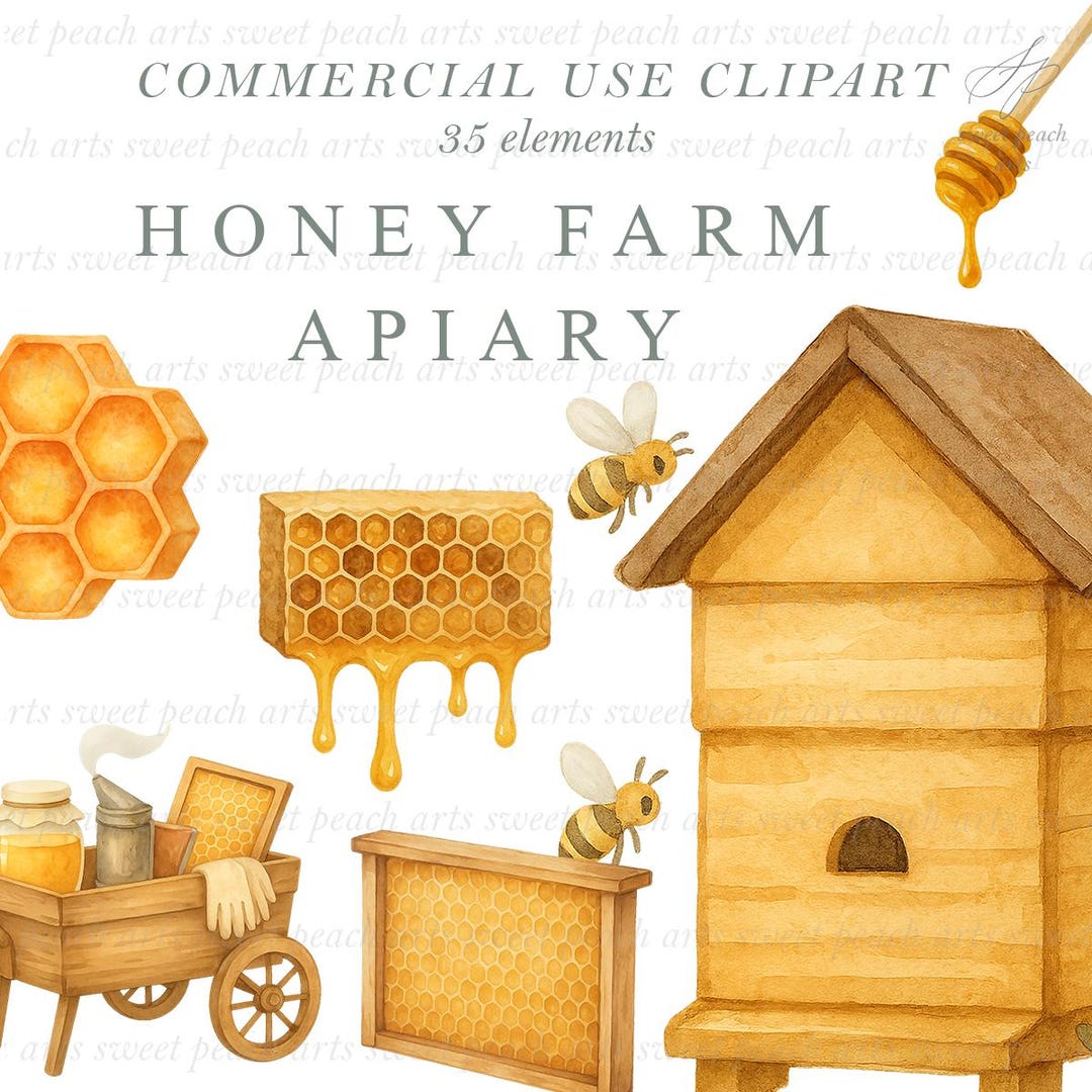 Honey Farm Apiary Clipart Bee Hive Dipper Market Honeycomb Watercolor ...