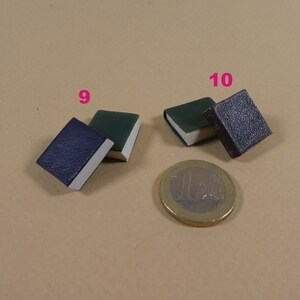 May include: Three miniature books, one blue, one green, and one brown, are arranged on a beige surface. A euro coin is in the background.