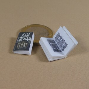 May include: A miniature paperback book titled "The Client" by John Grisham. The book is closed and lying on a brown surface. A coin is visible in the background.