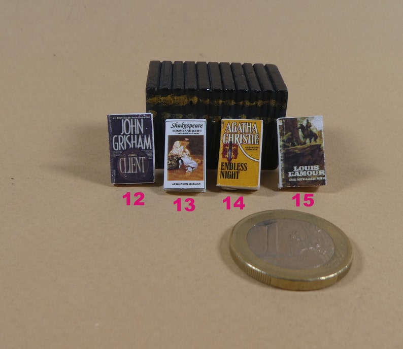 May include: Four miniature paperback books with different titles and authors. The books are arranged in a row from left to right. The titles are "The Client" by John Grisham, "A Midsummer Night's Dream" by Shakespeare, "Endless Night" by Agatha Christie, and "The Revenge Man" by Louis L'Amour.