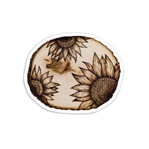 Sunflower Wood Burning Sticker Vinyl Sticker, Sunflowers, Rustic, Pyrography Sticker, Wood Burned Art Sticker, Unique Floral Laptop Decal image 1