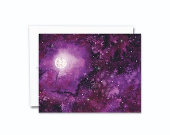 Full Moon Card | Starry Night, Astrology Card, Space Notecard, Celestial, Watercolor Lunar Card, Galaxy, Any Occasion Greeting Cards
