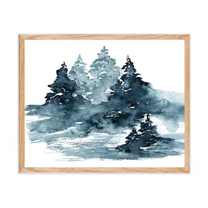 Winter Pines Art Print | Blue Landscape Painting, Snowy Forest Scene, Tree Art, Watercolor Print, Abstract, Nature Print, Winter Trees