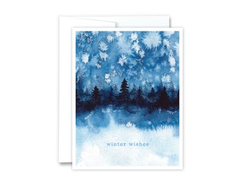 Winter Wishes Greeting Card | Watercolor Art Card, Blue Forest Winter Landscape Snowy Scene, Holiday, Warm Winter Wishes, Handmade