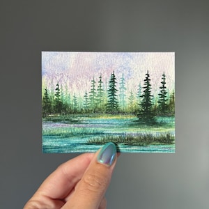 Small Watercolor Painting | 4x3&quot; Original Watercolor, Forest Painting, Pine Trees, Small Landscape Painting, Mini Watercolor Art, Tiny Art