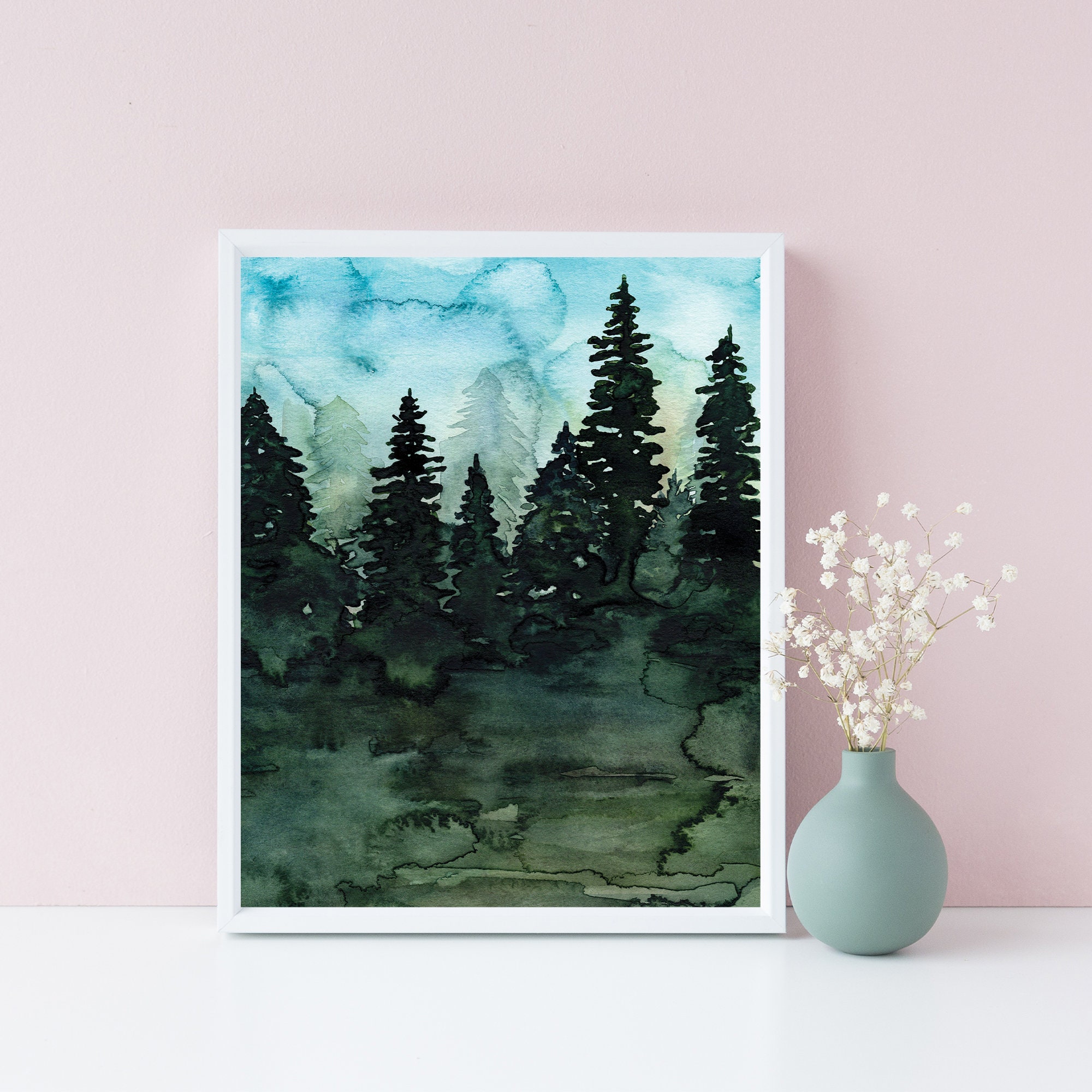 Forest Nature Scene Wall Art Watercolor Painting, Forest Art Print, Wilderness, Woods, Tree