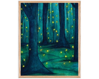 Firefly Forest Art | Fireflies Print, Lightning Bug Wall Art Decor, Watercolor Enchanted Forest Night Scene Painting, Whimsical Art Mystical