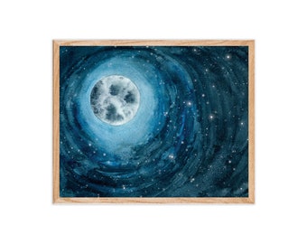 Blue Watercolor Moon Print | Luna Watercolor, Full Moon Decor, Watercolor Painting, Moon Painting, Celestial Art, Stars, Night Sky Art