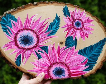 Pink Sunflowers Painting | Hand Painted Wood Slice, Wood Painting, Sunflower Painting, Wall Hanging, Sunflower Art, Pink Floral Illustration