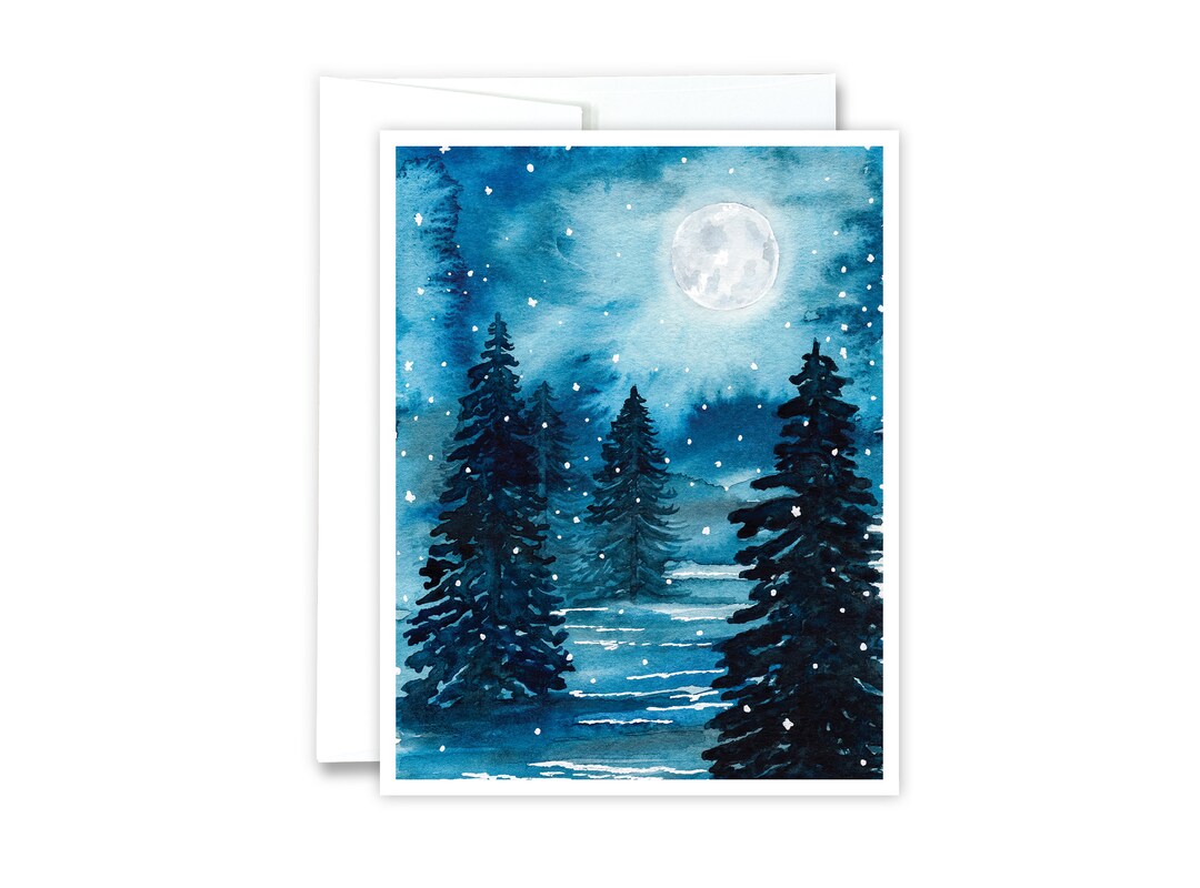 Watercolor Winter Landscape Card Holiday Christmas Card, Winter Forest ...
