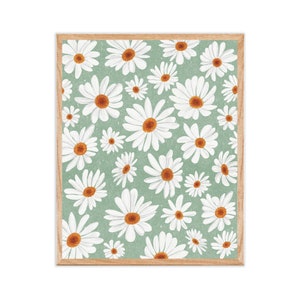 Daisies Print Sage Green Wall Art, Boho, Daisy Art Print, Pastel Decor, Whimsical Sage Retro Flower Art, Dorm Decor, Nursery Art, Flowers image 1