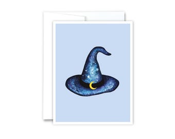 Starry Night Witch Hat Card | 4.25 x 5.5" Witch Hat Card, Celestial, Whimsical Halloween Card, Blank Inside Notecard, Moon And Stars