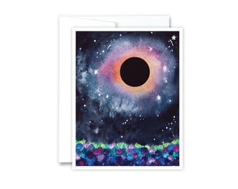 Eclipse Flower Field Card | Blank Inside Greeting Card, Solar Eclipse Watercolor Art, Total Eclipse Gift, Fantasy Art, Moon, 2024