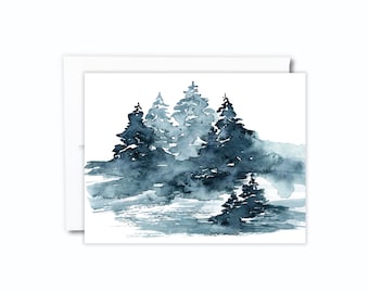 Blue Pine Card | Watercolor Greeting Card | Blank Inside | Folded Card | Watercolor Nature Landscape Painting | Blue Trees | Winter Pines