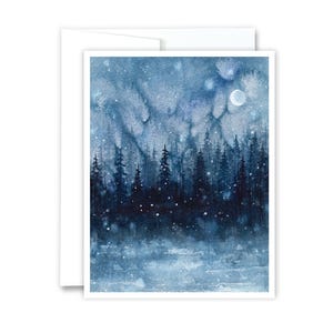 May include: A watercolor painting of a snowy forest scene with a crescent moon in the sky. The trees are dark blue and the sky is a light blue with white snowflakes.