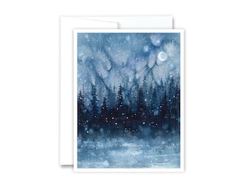 May include: A watercolor painting of a snowy forest scene with a crescent moon in the sky. The trees are dark blue and the sky is a light blue with white snowflakes.