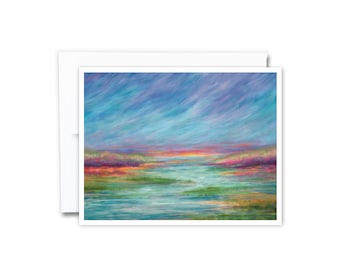 Summer Evening Greeting Card | Art Card, Any Occasion, Mystical Water Landscape, Handmade, Sunset Blank Card, Colorful Lake Notecard