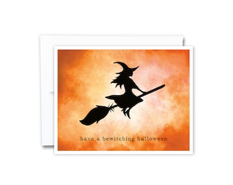 Have a Bewitching Halloween Card | Happy Halloween Greeting Card, Bewitched Card, Fall, Autumn, Flying Witch, Cute Halloween Card