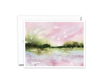 Landscape Painting Card | A2 Notecard, Greeting Card, Pink Sky Abstract Watercolor Landscape, All Occasion, Art Card, Blank Greeting Card