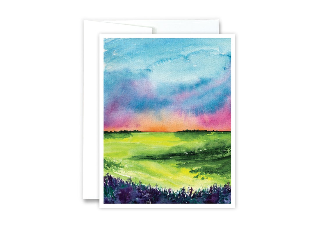 Sunset Landscape Card Watercolor Greeting Card, Blank Notecard, Any
