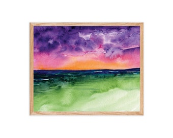 Watercolor Print | Sunset Landscape, Abstract Painting, Sunset, Sunrise, Field, Scenic Watercolor, Abstract Landscape, Colorful, Home Decor