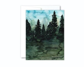 Woods Greeting Card | Forestcore, Watercolor Tree Landscape Card, Blank Inside Stationery, Nature Notecards, Woodland Card, Wilderness Card