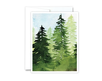 Woodland Watercolor Greeting Card | Nature Blank Card, Watercolor Artwork, Forest Stationery, Trees, Evergreens, All Occasion, Handmade