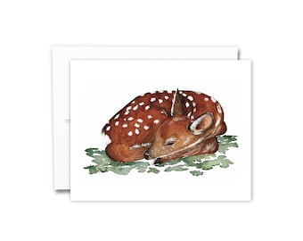 Baby Deer Card | Blank Inside, Wildlife Greeting Cards, Sleeping Deer, Fawn, Animal Notecards, Just Because Card, Watercolor Art, Handmade