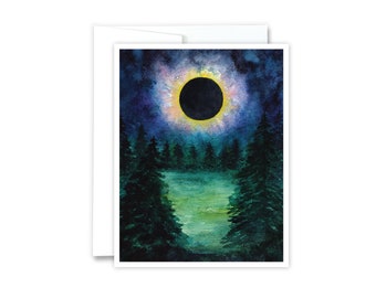 Watercolor Eclipse Greeting Card | Solar Eclipse Tree Landscape Painting, 2024 Total Solar Eclipse, Nature Art, New Moon, Blank Inside Card