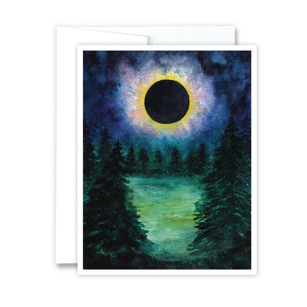 Watercolor Eclipse Greeting Card | Solar Eclipse Tree Landscape Painting, 2024 Total Solar Eclipse, Nature Art, New Moon, Blank Inside Card