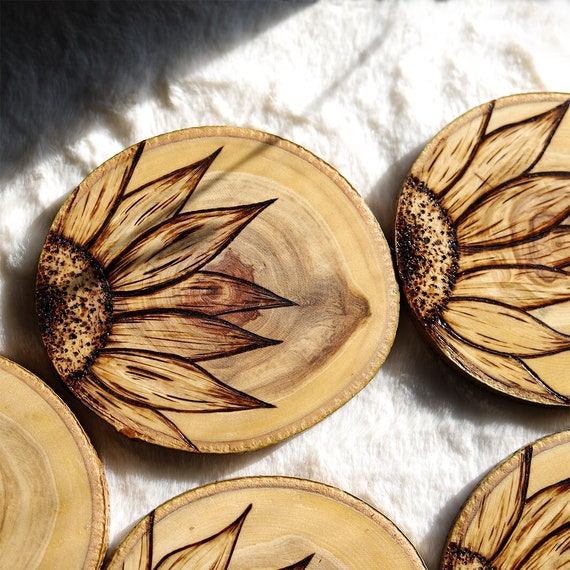 Wood Burned Sunflower Coasters Handmade Stocking Stuffer Rustic