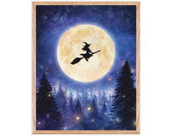 Witch Flying Print | Witch Art Print, Flying Witch Moon Illustration, Full Moon, Broomstick, Witchy Decor, Halloween Print