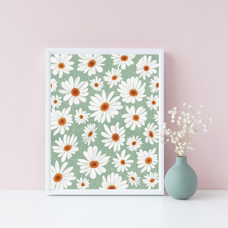 Daisies Print Sage Green Wall Art, Boho, Daisy Art Print, Pastel Decor, Whimsical Sage Retro Flower Art, Dorm Decor, Nursery Art, Flowers afbeelding 2