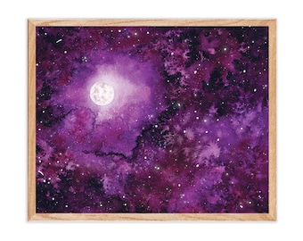 May include: A watercolor painting of a full moon in a purple galaxy with white stars. The moon is in the center of the painting and is surrounded by a swirling purple nebula.