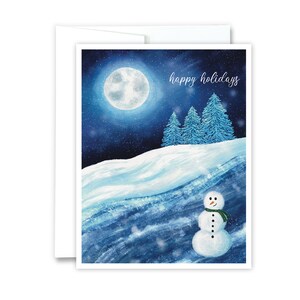 Happy Holidays Card | Snowy Night Winter Greeting Card, Snowman Christmas Card, Moon, Winter Wonderland, Christmas Holiday Cards, Winter Art