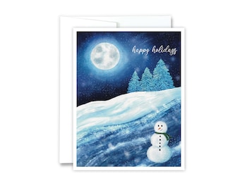 Happy Holidays Card | Snowy Night Winter Greeting Card, Snowman Christmas Card, Moon, Winter Wonderland, Christmas Holiday Cards, Winter Art