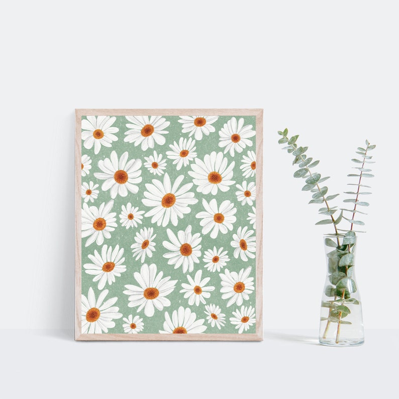 Daisies Print Sage Green Wall Art, Boho, Daisy Art Print, Pastel Decor, Whimsical Sage Retro Flower Art, Dorm Decor, Nursery Art, Flowers afbeelding 3