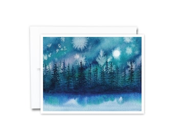 May include: Watercolor painting of a dark blue forest with a light blue sky and white clouds. The trees are silhouetted against the sky, and there are several white stars in the sky.